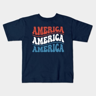 America Wavy Groovy Font Red White and Blue Kids T-Shirt